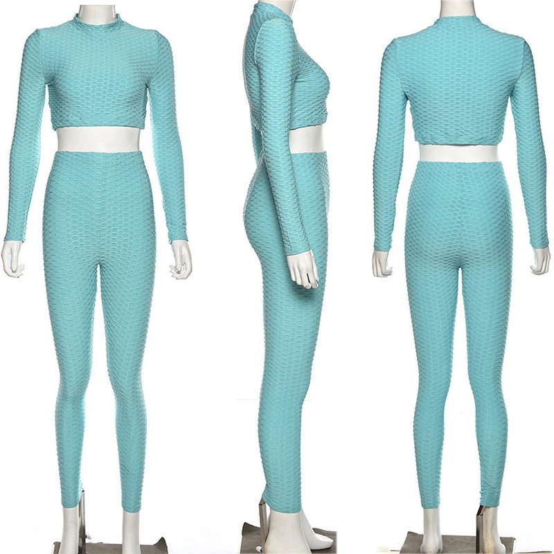 Autumn Women's Fitness 2-Piece Solid Color Plaid Sportswear Long Sleeve Turtleneck Cropped Top + Elasticity Push Up Leggings Set Autumn Women's Fitness 2-Piece Solid Color Plaid Sportswear Long Sleeve Turtleneck Cropped Top + Elasticity Push Up Leggings Set