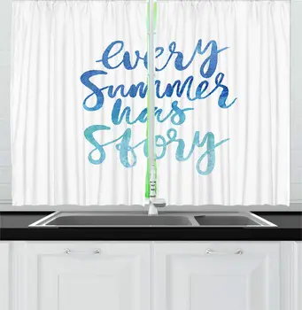 

Sea Blue and Pale Sky Blue Every Summer Has a Story Kitchen Curtains Tropical Typographic Design in Ombre Sea Colors for Kitchen