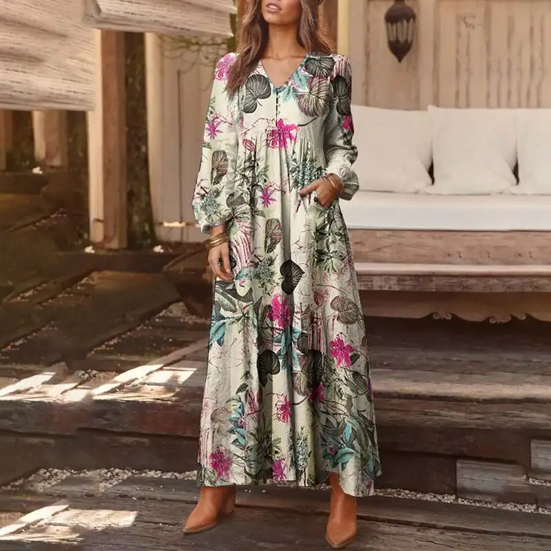 Autumn Long Sleeve Long Maxi Dress WomenPlaid Dress ZANZEA 2020 Casual Summer Sundress Loose Fashion Vestidos Party Robe
