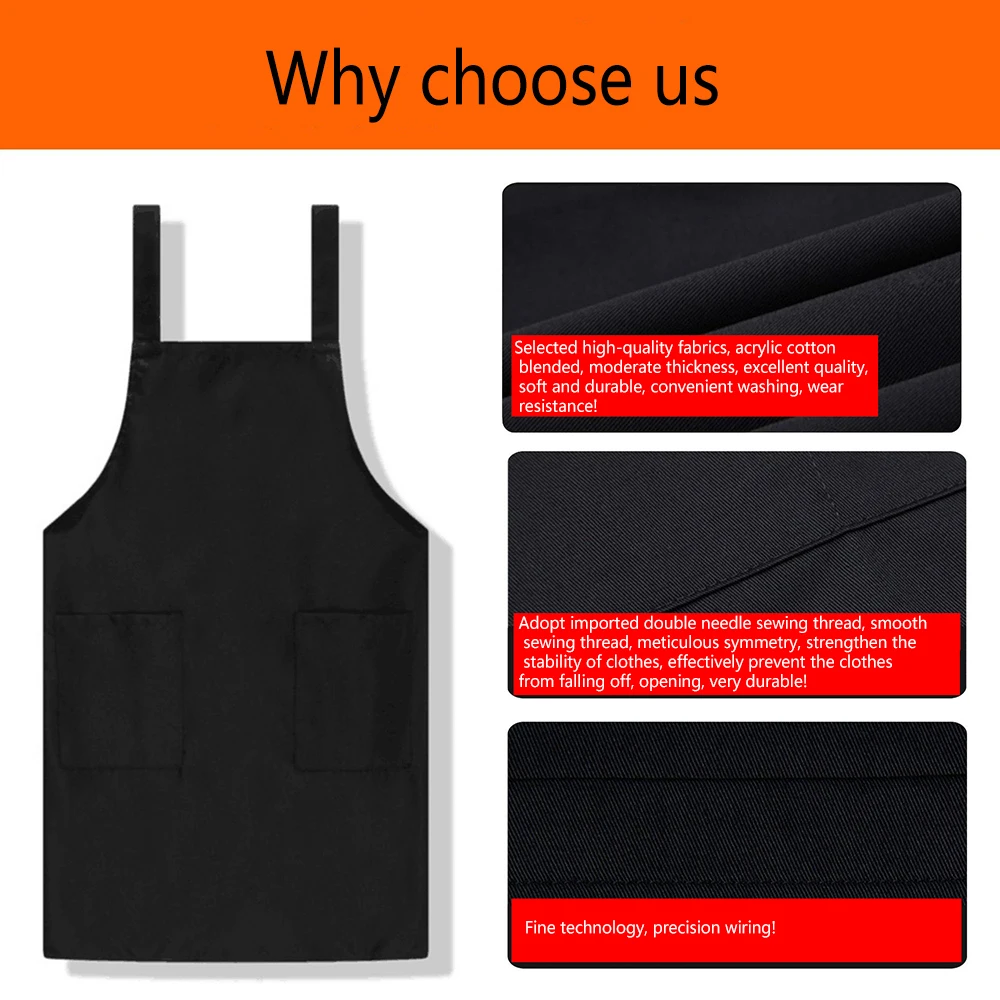 Kitchen Bib Cooking Apron 70*75cm Black Apron For Woman Men Chef Waiter Cafe Shop Adult Apron with Two Pocket For BBQ Baking