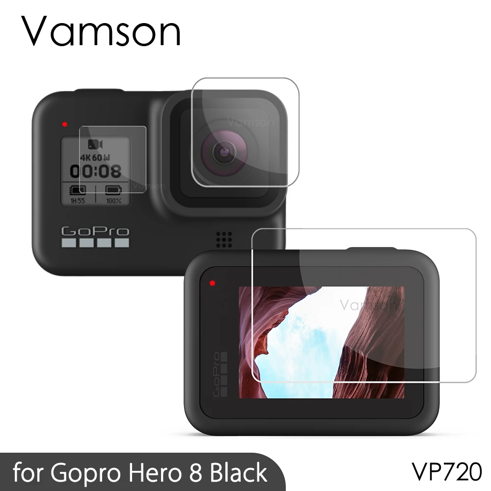 Закаленное стекло для объектива Vamson + Защитная пленка ЖК-экрана камеры GoPro Hero8