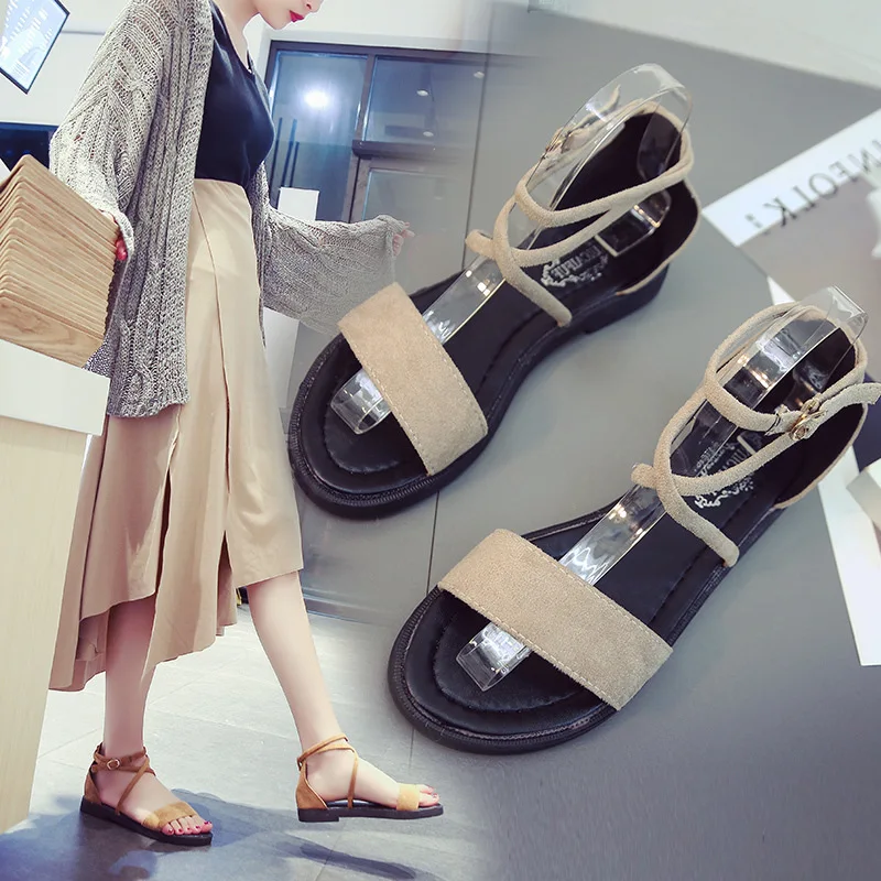 

Korean-style Flat Heel Sandals Women's 2019 Summer New Style Cross Straps Gladiator Sandals Straight-line Buckle Students Flat S