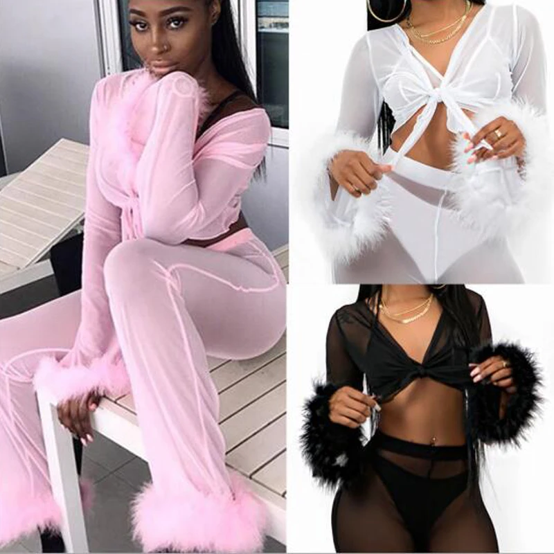 2020 Sexy Women Sheer Mesh Wide Leg 