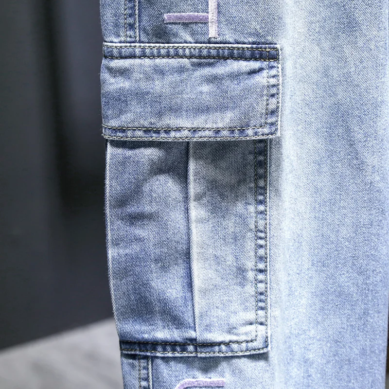 80% OFF Denim Cotton Stretch Casual Jeans Overalls  Men's Clothing Man Large Size Ankle pants multi-pocket Drawstring trousers blue 7XL