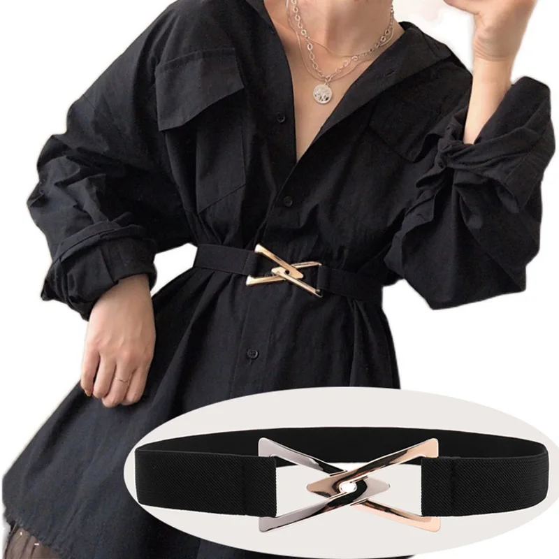 

Elastic Waist Women Belts Luxury Brand Double Triangle Buckle Waist Strap All-match Overcoat Dress Casual Black Female Waistband