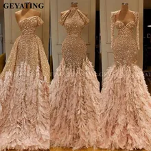 Блестящие золотые блестки Русалка перо африканские платья для выпускного вечера с длинным рукавом одно плечо вечернее платье размера плюс выпускное торжественное платье