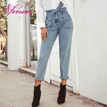 Versear, женские потертые джинсовые штаны с завязками, высокая талия, узкие прямые джинсы, женские винтажные повседневные брюки, уличная одежда, панталоны