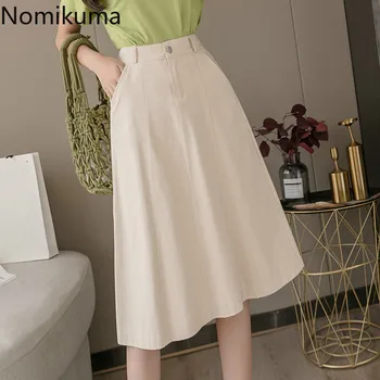 

Nomikuma Spring New Solid Color Pockets A Line Skirt Women Vintage Fashion Casual OL Mid Calf Skirts Faldas Mujer Moda 3a344