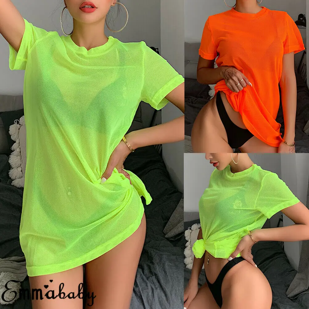 Women Short Sleeve Perspective T-Shirt Neon Green O Neck Vintage Mesh Short Sleeve Tee Shirt Long Tshirts Beachwear452_voghion.com
