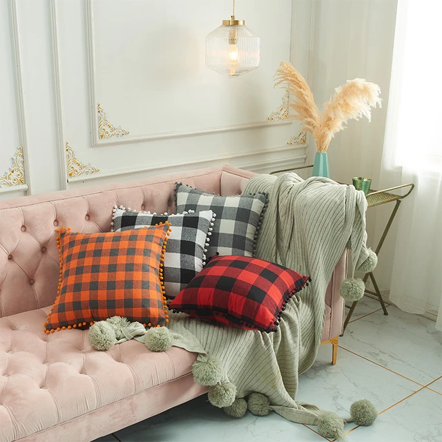 Housse de coussin décorative à carreaux avec pompons, taie d'oreiller  moderne pour canapé et chaise, décoration de noël en treillis pour la  maison - AliExpress