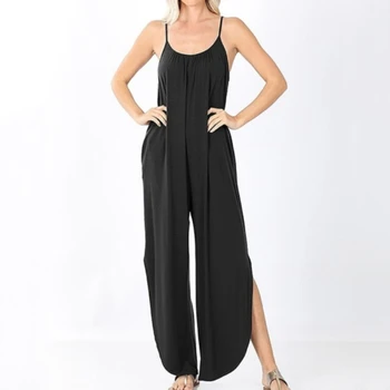

Boho Spaghetti Straps Long Jumpsuits Women Summer High Waist Pocket Casual Jumpsuits Romper Female Split Sexy Overalls