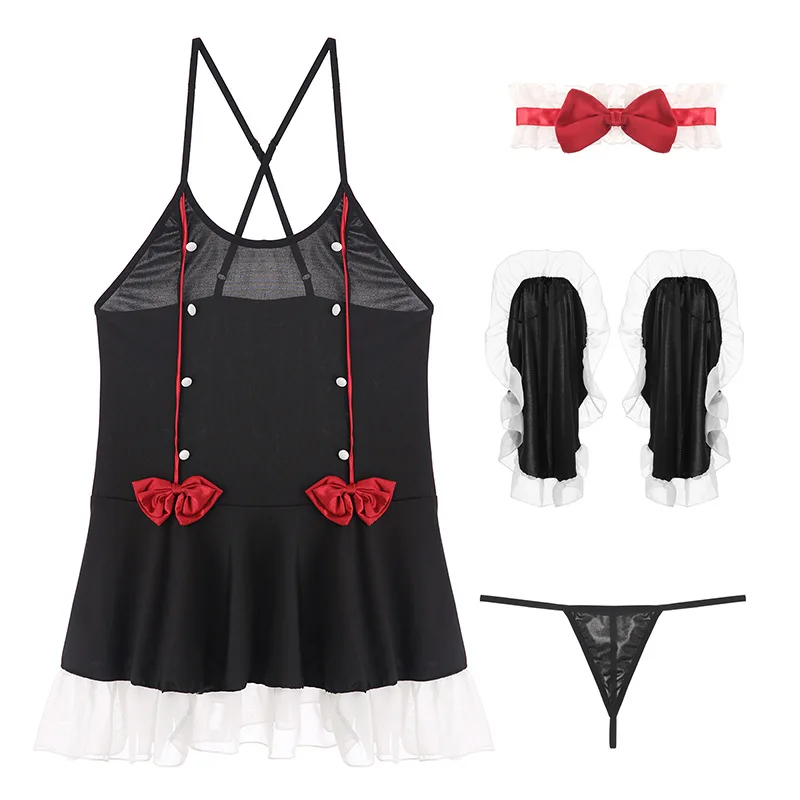 Черное милое студенческое Эротическое белье для девочек, униформа, искушение, короткое домашнее платье, ночная рубашка для горничной, комплект с кольцом на шее - Цвет: Черный