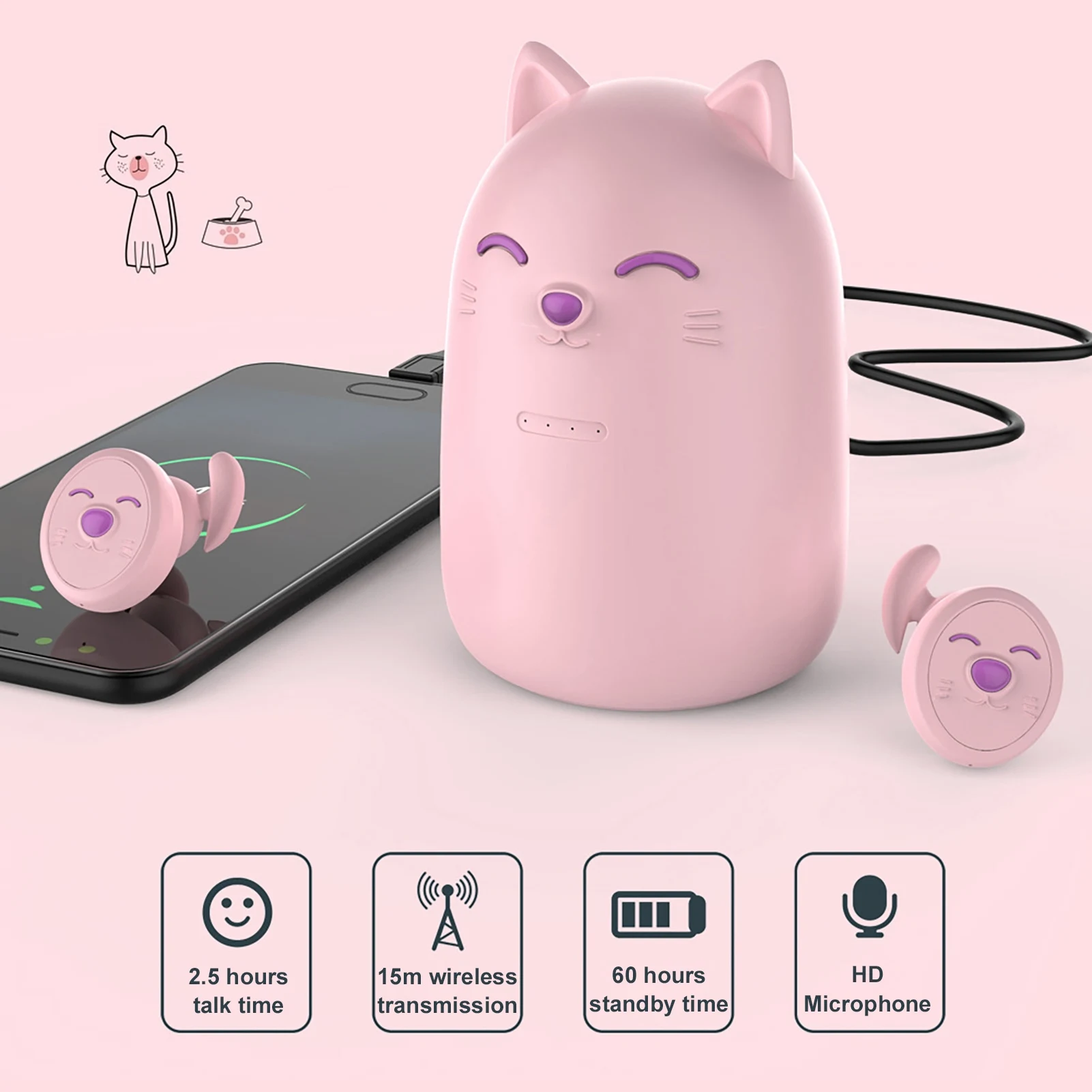 Cartoon Kitten TWS Bluetooth Wireless Binaural Earphones Sports Stereo Headset