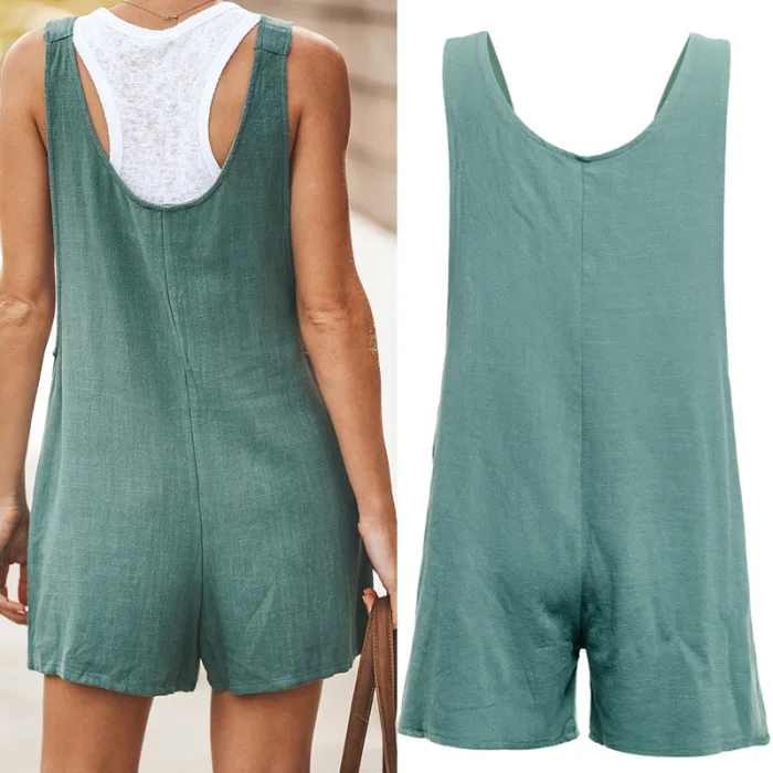 Women Cotton Linen Strappy Wide Leg Loose Jumpsuit Overalls Short Bib Pants for Summer GDD99