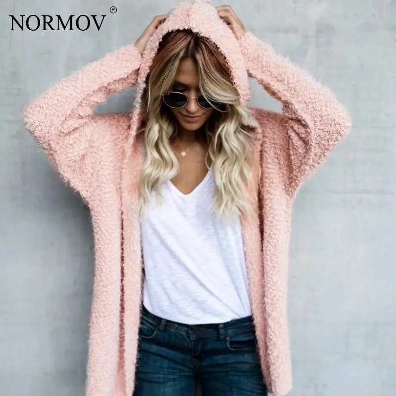 NORMOV зимнее плюшевое пальто из искусственного меха, Женская куртка с капюшоном и длинным рукавом, однотонное теплое пальто
