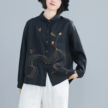 

COIGARSAM Cotton Linen Shirt Womens tops New Spring Embroidery Women shirts White Yellow Black 6026