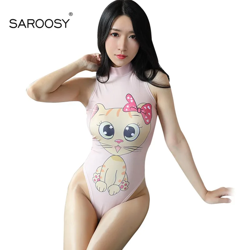 

SAROOSY Kawaii Cartoon Cat Sexy Lingerie Cosplay Costumes for Women High Cut Elastic Soft Fabric Open Crotch Bodysuit 2019 New