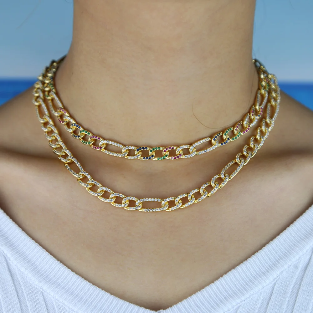 

35+10cm Iced Out miami curb cuban link chain micro pave white rainbow colorful cz choker necklaces hip hop women fashion jewelry