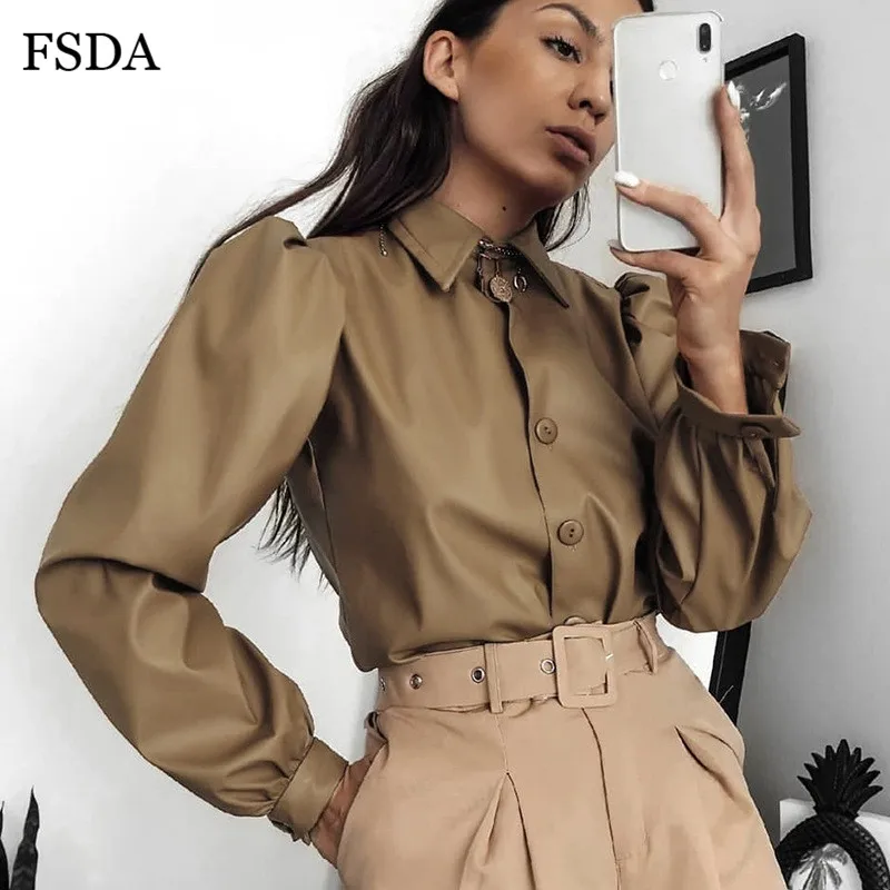 

FSDA Fashion PU Leather Blouse Women Long Sleeve Puff Autumn Spring Brown Black Shirt Ladies Streetwear Turn Down Collar Tops