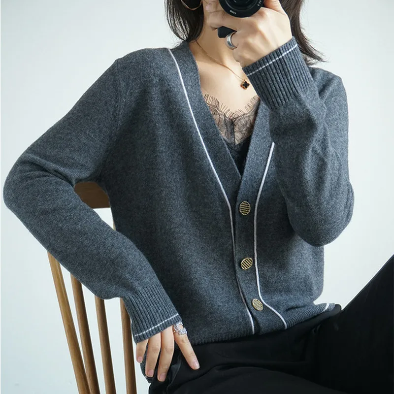 

Женский вязаный кардиган, свитер, корейский Универсальный Свободный вязаный кардиган с V-образным вырезом, весна 2021