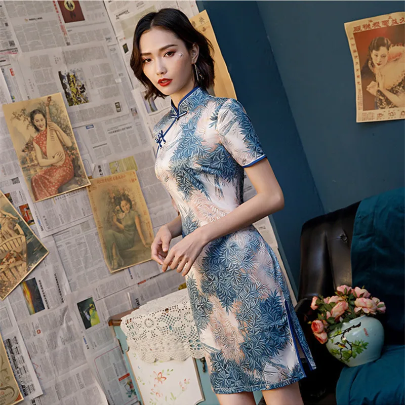 SHENG COCO, классическое женское китайское платье, короткое шелковое Qipao, элегантное, новое, окрашенное китайское, летнее, повседневное, китайское платье