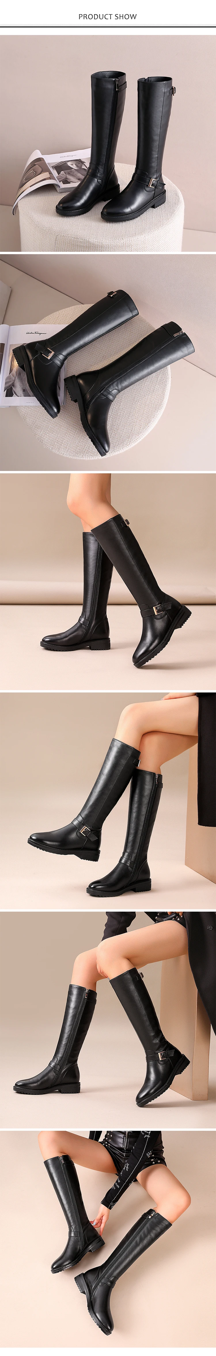 New Genuine Leather Winter Women Knee-High Boots Middle Heel Round Toe Zipper Fashion Women Shoes Black Motorcycle Boots