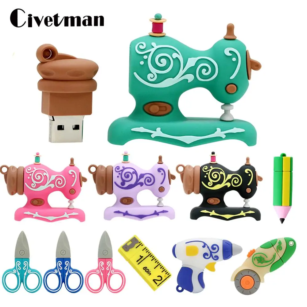 USB Stick 128GB Pendrive 256GB USB Flash Drive 64GB Cartoon Tailor Sewing Machine Scissors Pen Drive 8GB 16GB USB2.0 Memory Disk usb 3 0 cartoon fire extinguisher pen drive 256gb 8gb 16gb 32gb 64gb 128gb usb flash drive pen stick memory card u disk pendrive