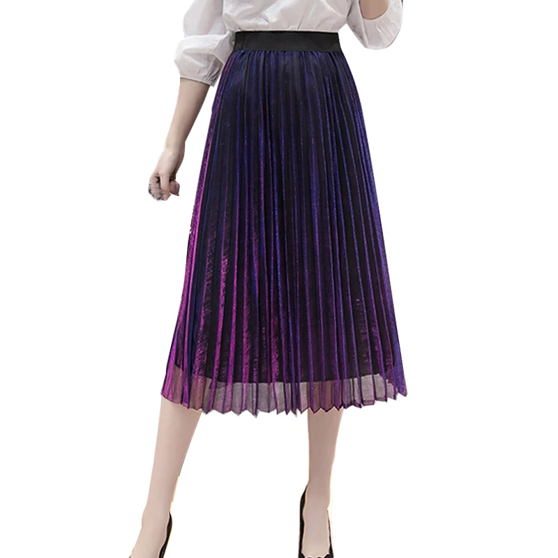 Плиссированная юбка до середины икры с металлическим градиентом|Юбки| |
