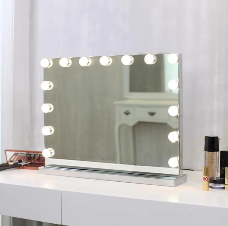 Бескаркасное косметическое зеркало с легким голливудским макияж освещенное зеркало 3 цвета Свет косметическое зеркало Регулируемый сенсорный экран 58*46 см - Цвет: Silver US Plug