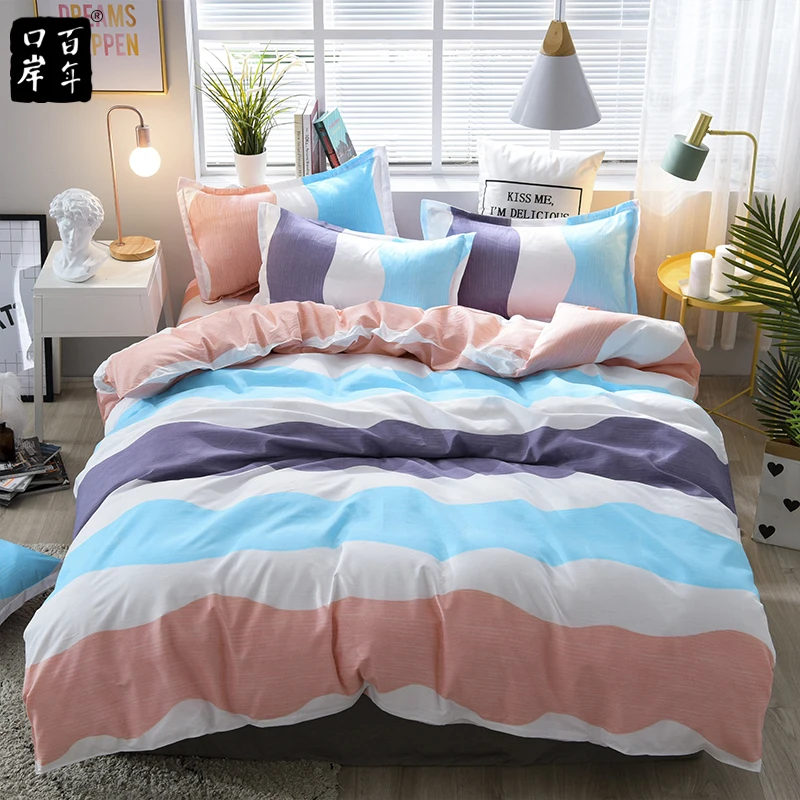 Bedding Set Four-Piece Set 21Style Bed Set Aloe Cotton Lattice Stripe Bed Sheet Home Bed Textile Products Semi-Reactive Printing