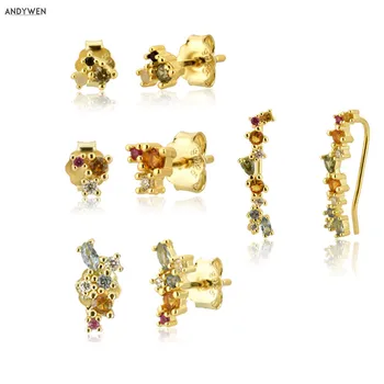 ANDYWEN 100% 925 Sterling Silver Mini Stud Earring Colorful Rainbow CZ Zircon Round Climber Fine Jewelry 2020 New Luxury