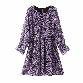 

Elegant ZA Floral Print Summer Dress Women 2020 Long Sleeve O-Neck Opening Female Casual Pleated Mini Dresses Vestidos