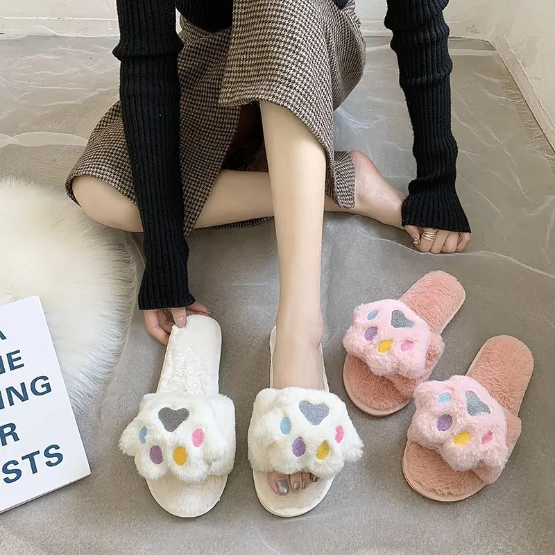 

Winter Flat Home Slippers Cute feet Cute Cat Women's Soft Plush Furry Women Warm Fluffy Ladies Female Style Woman Shoes Girls