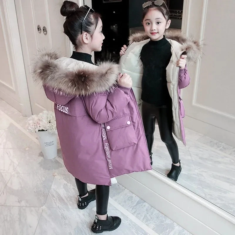 

4-12Y Girls Long Jacket&Outwear Children Cotton-padded Jacket Girls Winter Down Clothes Warm Coat Hooed Snowsuit Kids