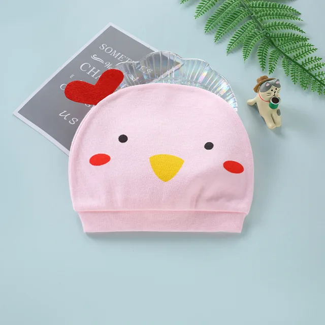 Four Seasons Kids Newborn Baby Hats 100% Cotton Cap 40 Color Cartoon Cute Printed Hat Suitable for 0-12 Months Baby Accessories chick pink