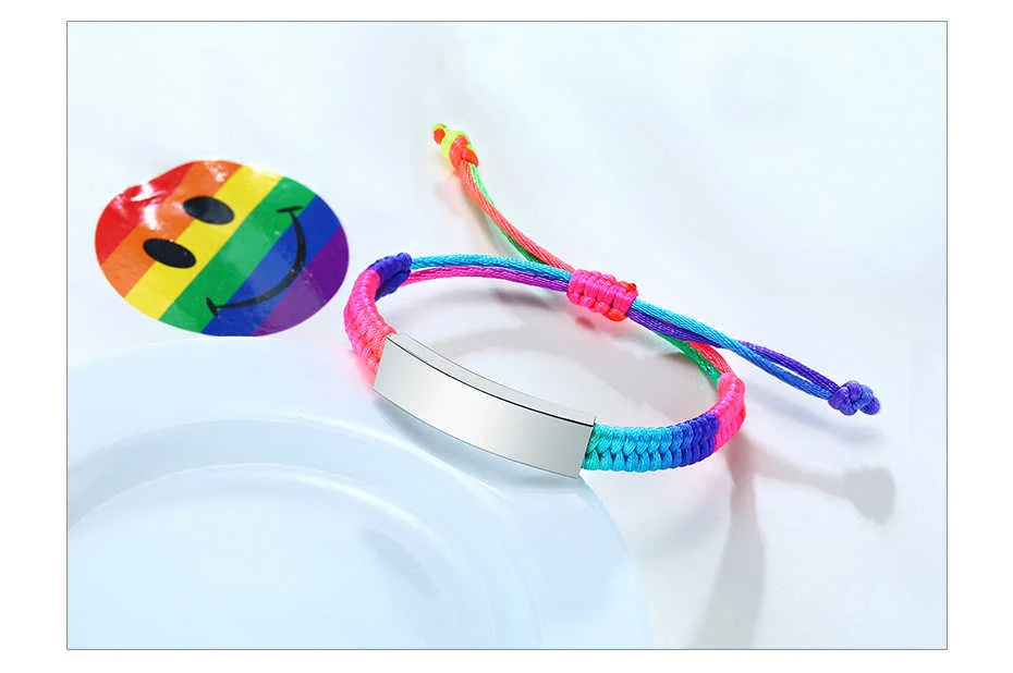 Adjustable Name Id Emergency Contact Bracelet Braided Rainbow_voghion.com
