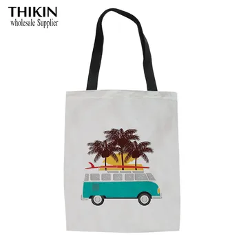 

THIKIN Camper Pattern Female Canvas Handbag Tropical Palm Leaf Print Girls Cotton Linen Shopping Bag Reusable Magazine Tote Bag