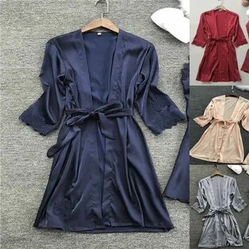 

Sexy Lingerie Pajamas Women Silk Lace Robe Dress Bathrobe Kimono Babydoll Nightdress Underwear Nightgown Sleepwear