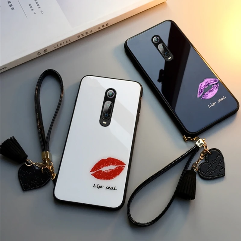 

Case & Strap For Oneplus 7 Pro 6 Case Glass Hard Phone Back Cover For Oneplus 7 one plus 6 Fshion Sexy Lip print lanyard funda