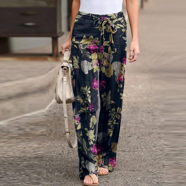 Women Casual Beach Wide Leg Trousers Elastic Waist Vintage Floral Print  Trousers Long Palazzo Pants with Pockets