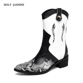 

2019 New Snake Skin Cow Leather Short Boots Pointy Toe Runway Style Genuine Leather Ankle Boots for Women High Heels Knight Boot