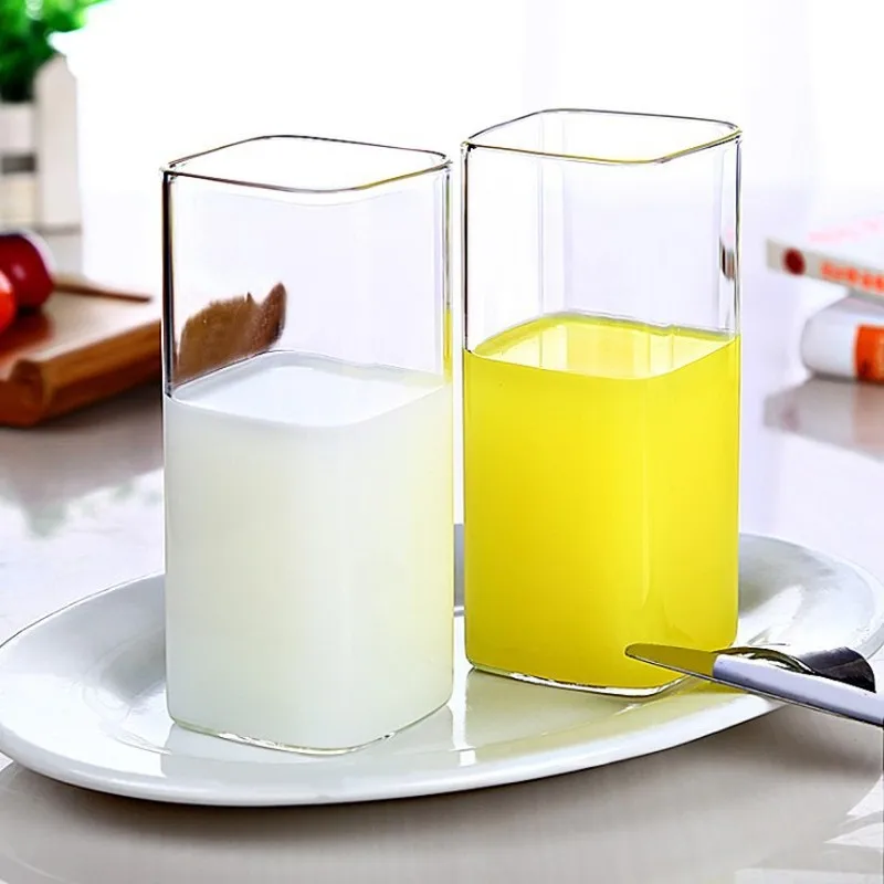 High Temperature Resistant High Borosilicate Glass Square Transparent Water Cup Milk Juice Mug Couple Student Gift Cup 2 Pack