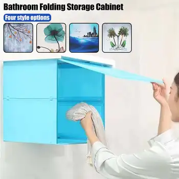 

Bathroom Folding Storage Cabinet Bathroom Shower Clothes Storage Shelf Waterproof Mural Punch-free Organizer Rack Drop Shipping