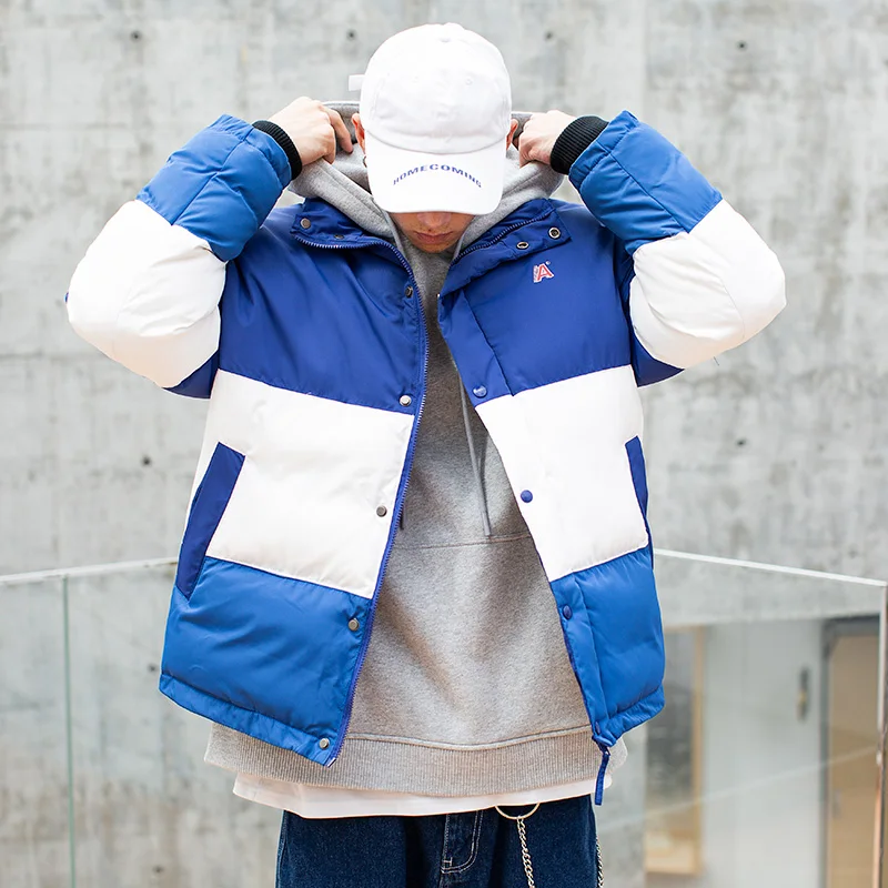 

Winter Color Block Patchwork Parkas 2019 Hip Hop Zipper Pockets Thick Jackets Coat Men Fashion Casual Streetwear mens