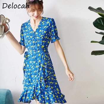 

Delocah Women Fashion Wrap Short Dress Summer Short Sleeve Bow Sashes Floral Print Female Party Asymmetrical Dresses vestidos
