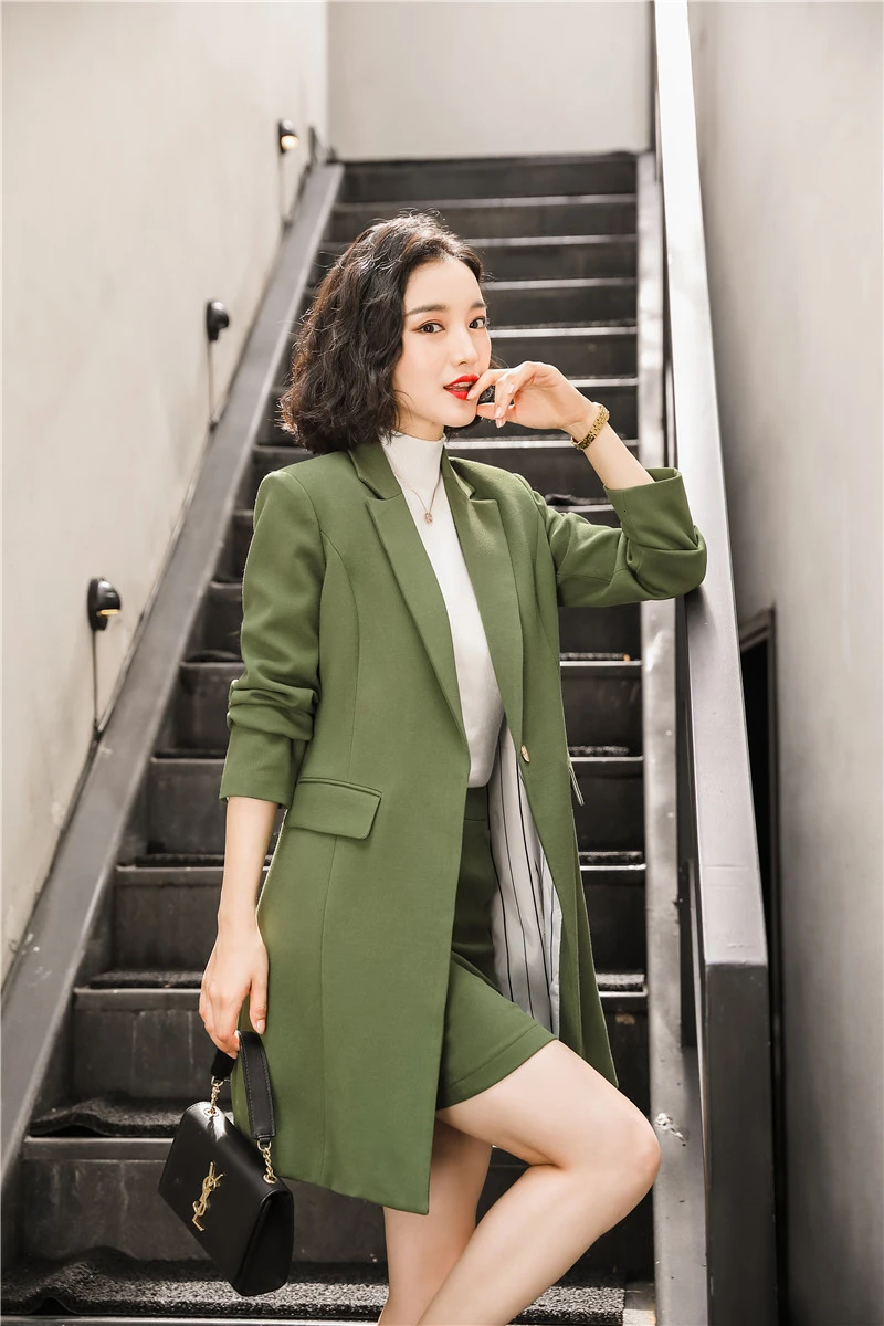 Высокое качество ткани Формальные женские деловые костюмы с юбкой и средней длины ветровка осень зима профессиональный костюм с пиджаком - Цвет: Army Green