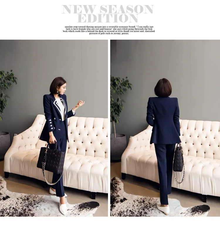 2 Pieces Set Autumn Business Dark Blue Striped Formal Suits For Women Office Long Sleeve Work Wear Set 2 Piece Pants Suits
