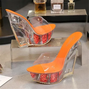 

Sexy Summer Fashion 14CM High Heels Slippers Transparent Crystal Platform Wedges Shoes Jelly Sandals Beach Shoes Women Mules