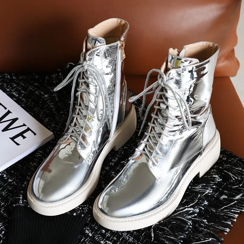 Botines de plataforma de tacón grueso para mujer, botas plateadas de charol  con cordones, botas de moto para otoño e invierno, zapatos de tacón medio  con cremallera, 2020|Botas hasta el tobillo| -