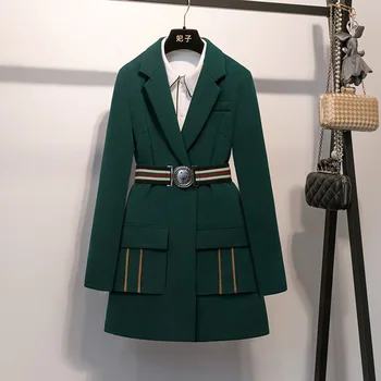

Green Blazer With Waist Belt outwear women fashion jacket coats Trench Outwear Waistcoat